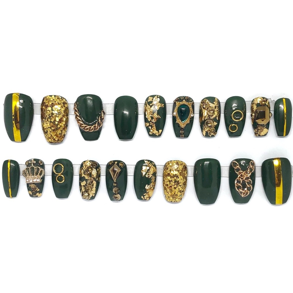 Handmade Press on Nails UV Gel Medium Short Coffin Green & Gold Shiny Fu… - Picture 4 of 8